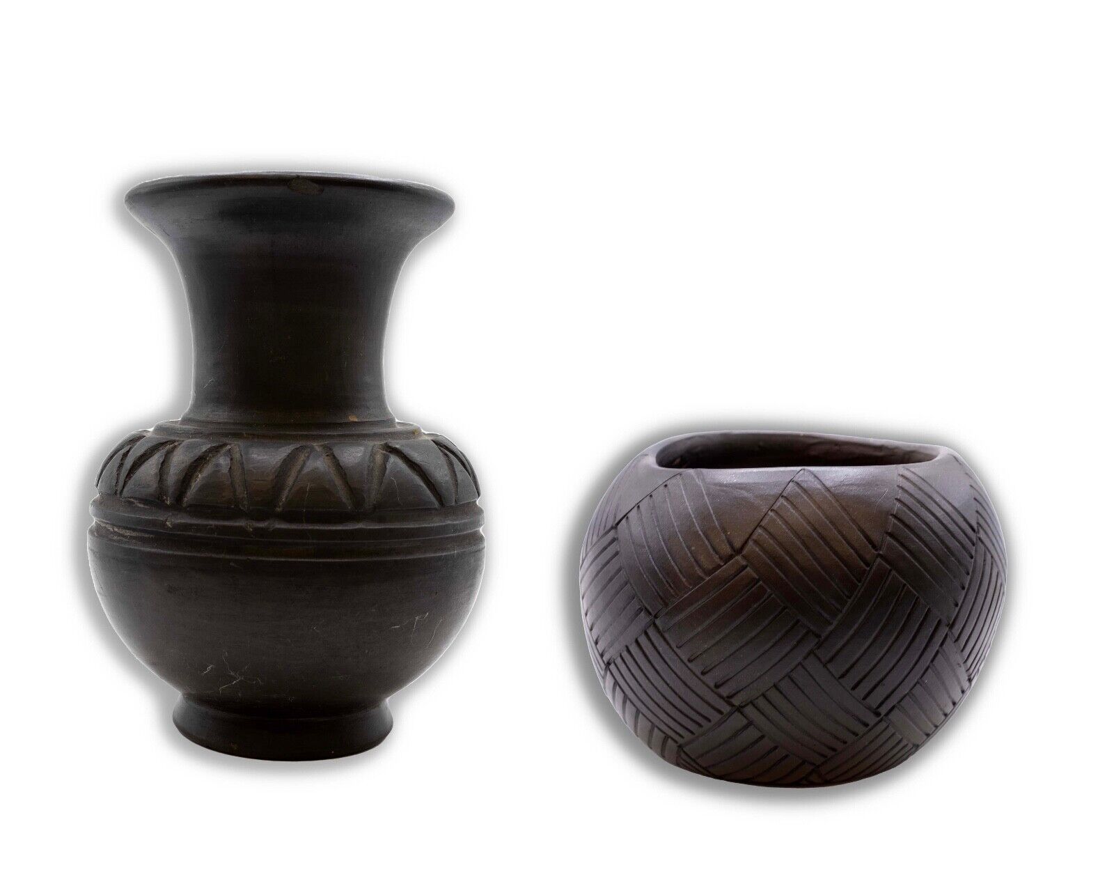 Pair of Vintage Lama Oaxaca Native Mexican Black Clay Vessels w/ Carved Designs