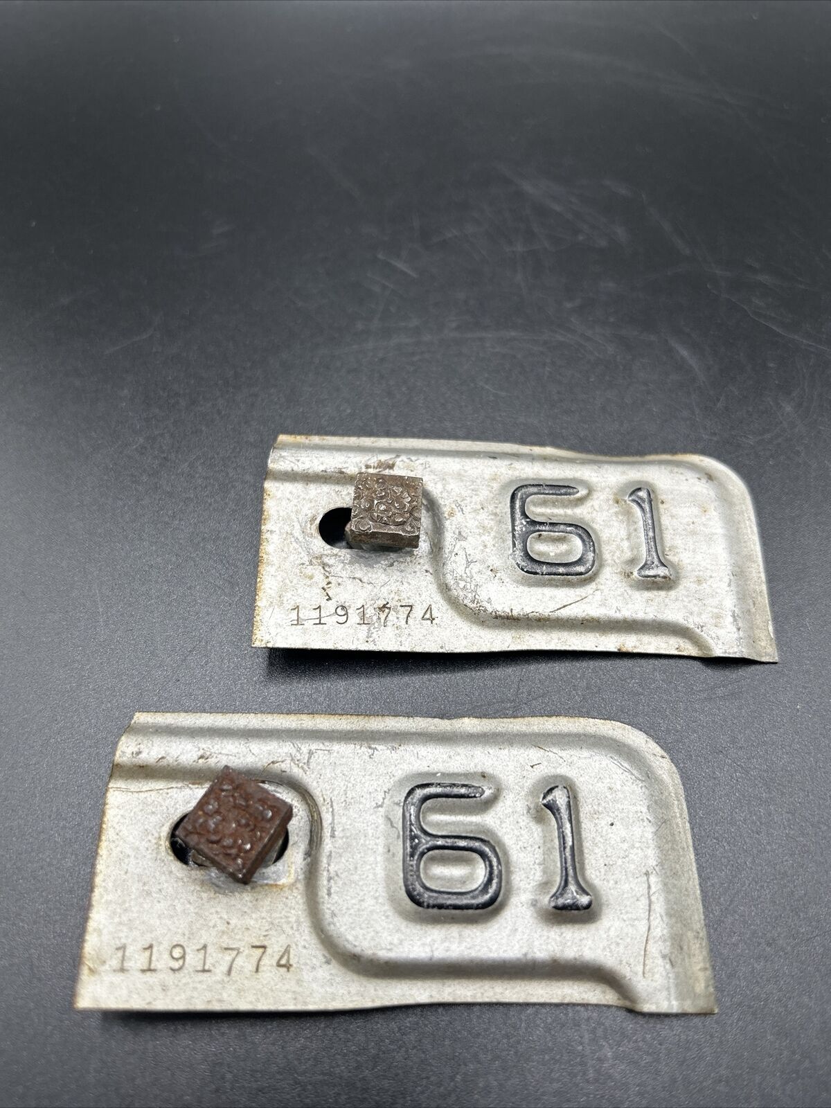 1961 Michigan License Plate Matching Pair Metal Renew Registration Tabs #1191774