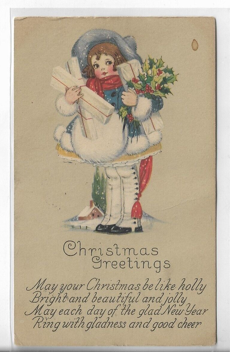 VTG Christmas Post Card-1924 Little Girl Holding Gifts & Holly-Xmas Greetings