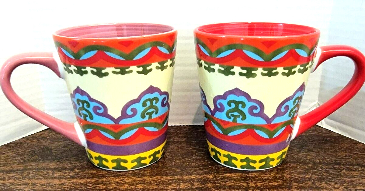  2 Euro Ceramica Galicia Mugs, Colorful- Pink & Red Interiors & Handles NWT 