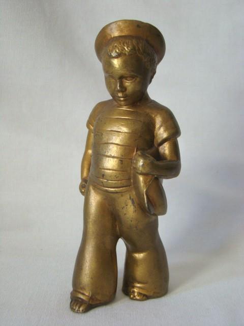 Adorable Antique Bronze Little Sailor Boy Holding Pond Boat, Bookend Paperweight