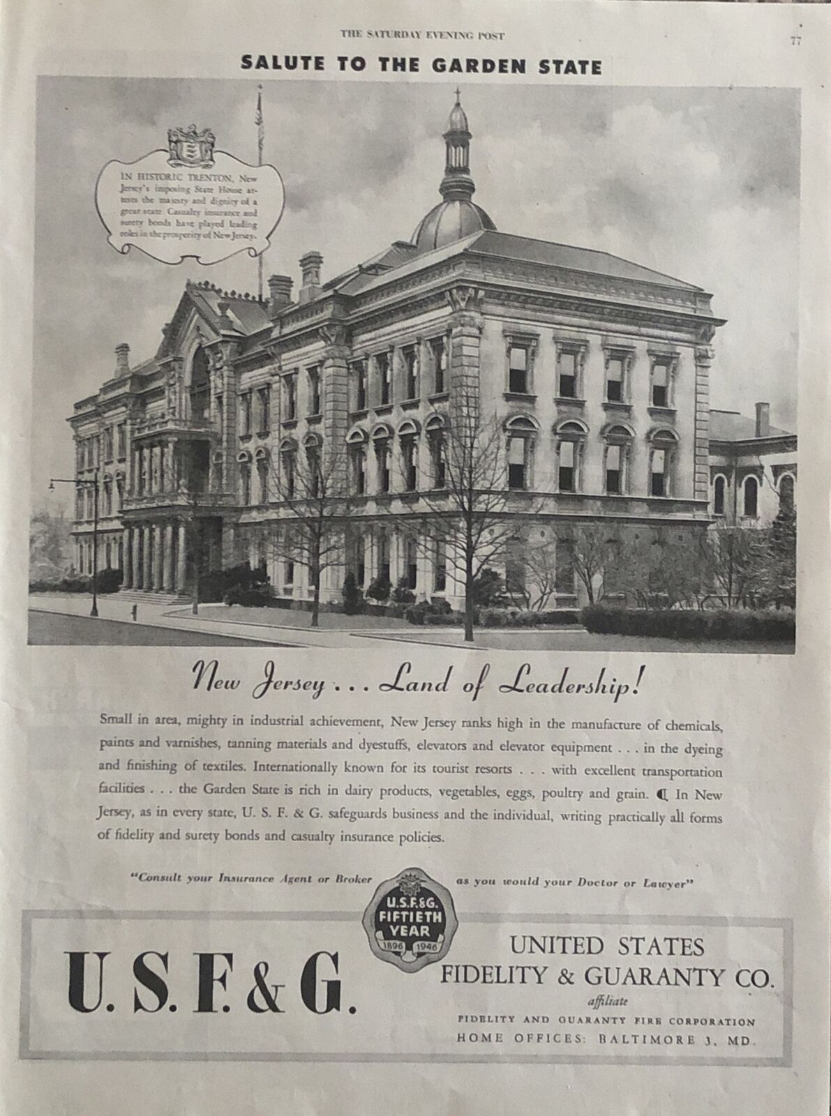 1946 US Fidelity & Guaranty Co VTG 1940s PRINT AD Trenton New Jersey State House