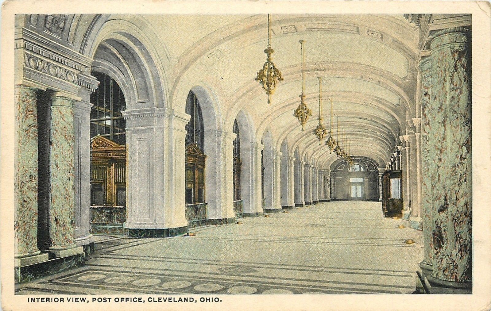Cleveland Ohio~Post Office Interior View~Marble Collonade~Clerk Windows~1920s