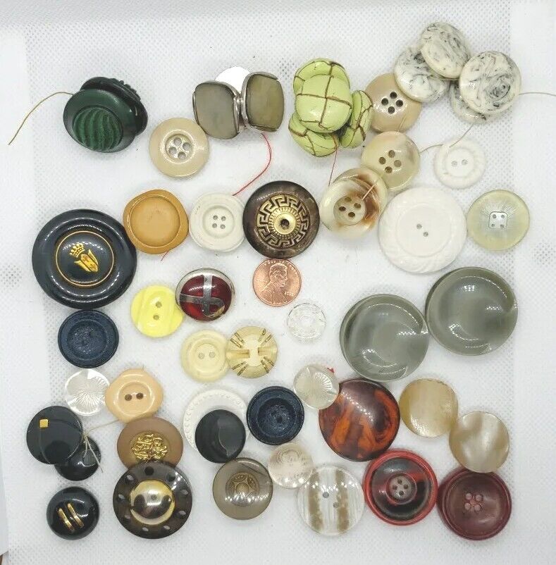 52 Antique Vintage Button Lot Plastic Bakelite Metal Glass Leather Mismatched