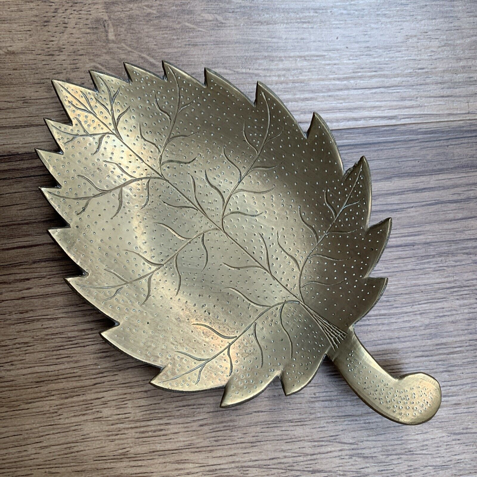 Solid Brass Leaf Tray Etched MCM Vintage Patina Textured India Signed 4\