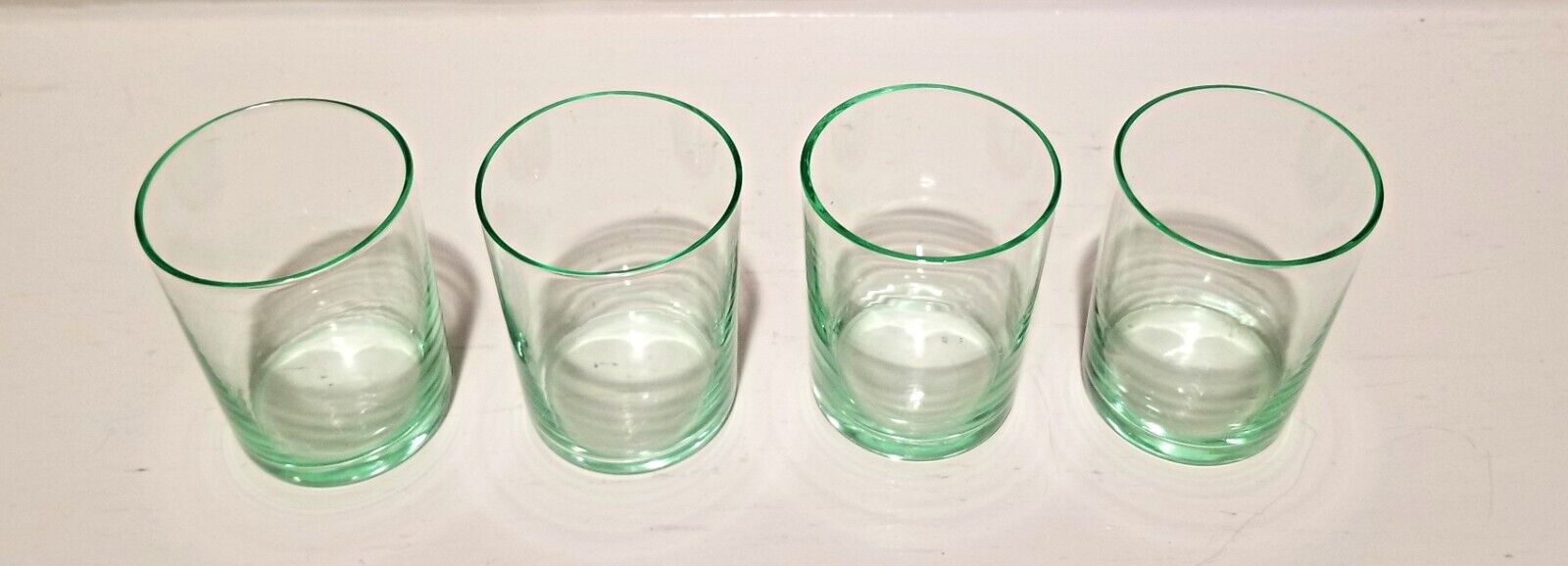 Vintage Green Uranium Depression Glass Bar Whiskey Shot Glasses, Set of 4 ~ GLOW