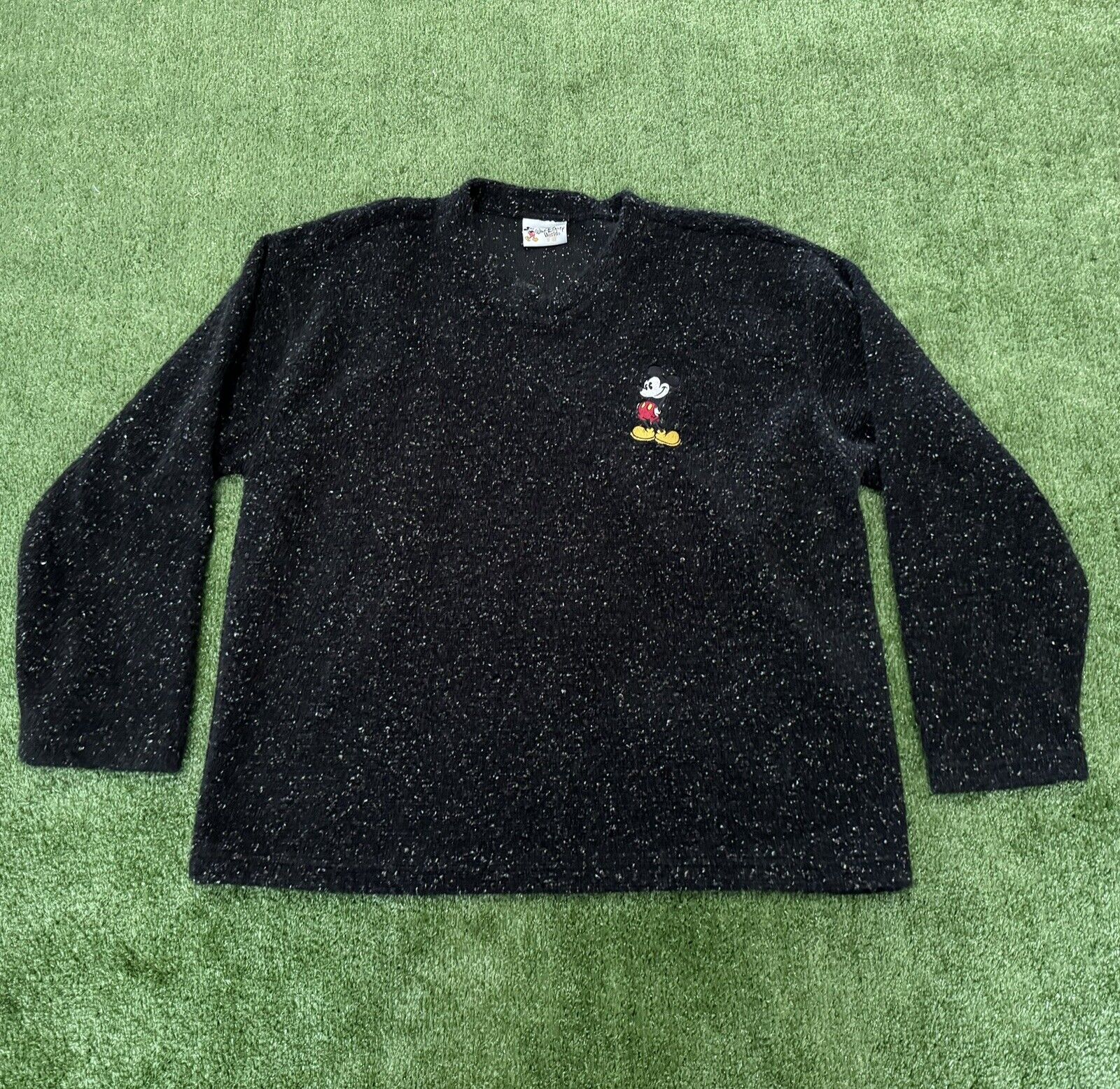 Vtg Walt Disney World Mickey Mouse Pullover Sweater Top Sz L Black Speckled USA