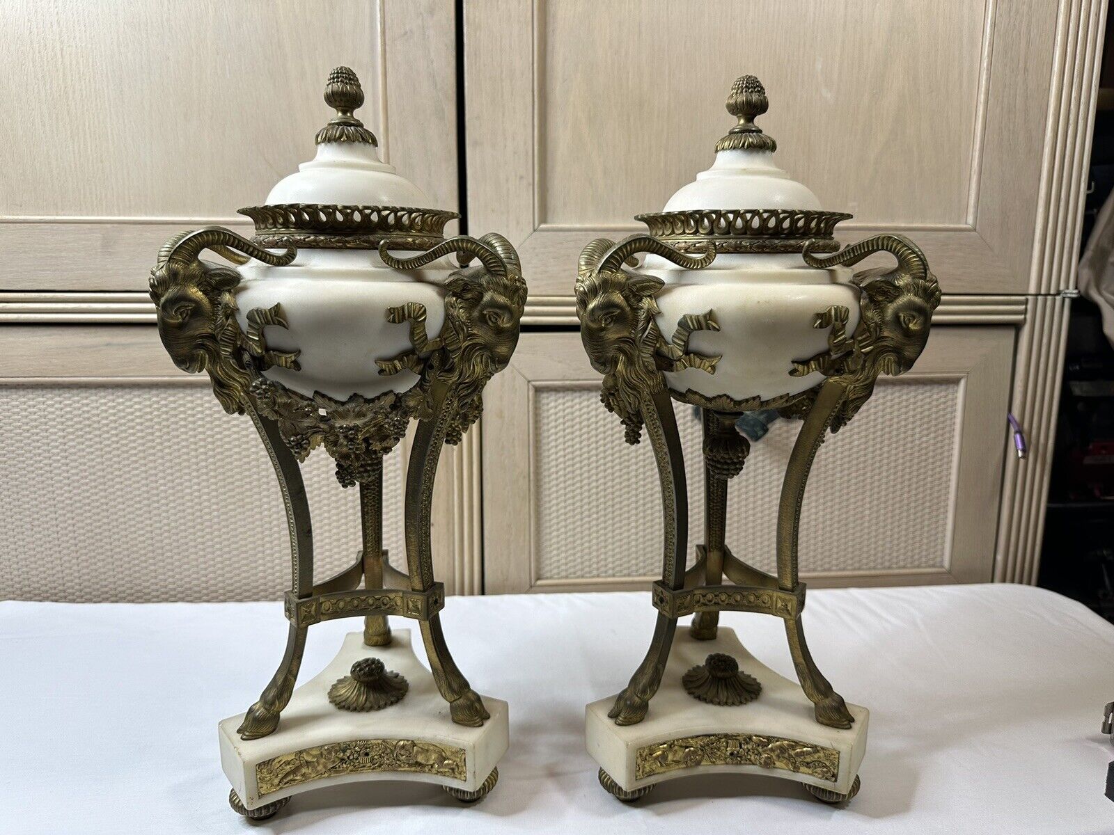 Pair Of Brass And Marble Candle Holders | Ornate Brass Candle Holders Vintage