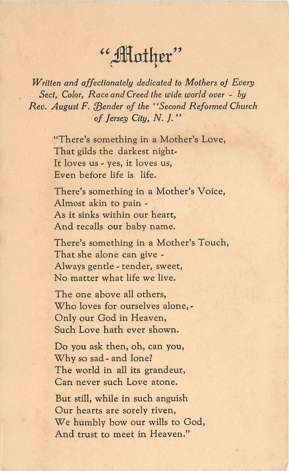 Mother Poem Second Reforned Church of Jersey City New Jersey NJ August Bender