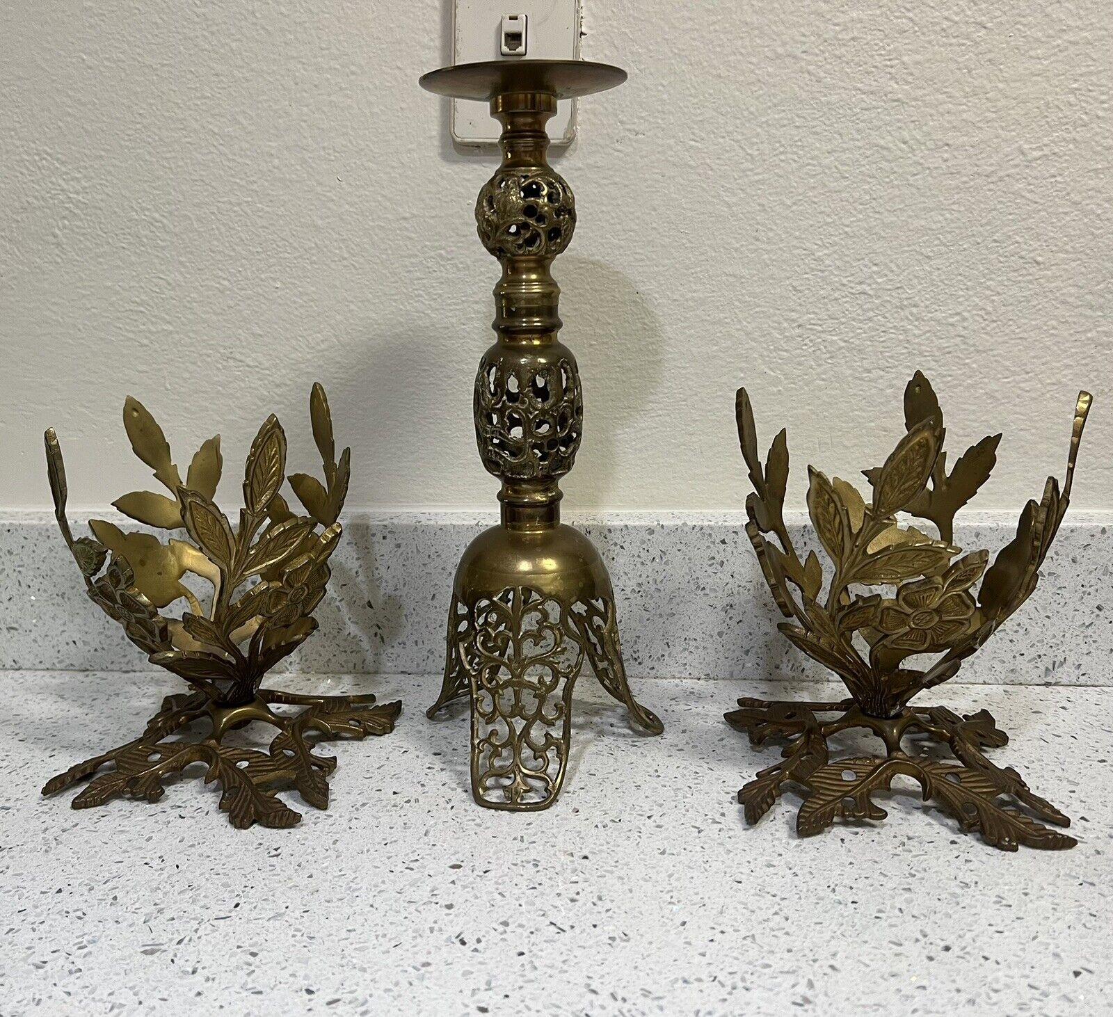 2 Brass Leaf Vases or Display Stands And A Brass Ornate Tall Candle Holder