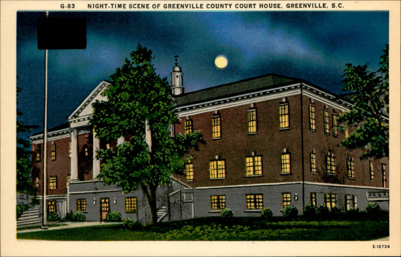 Postcard: EE G-83 NIGHT-TIME SCENE OF GREENVILLE COUNTY COURT HOUSE, G