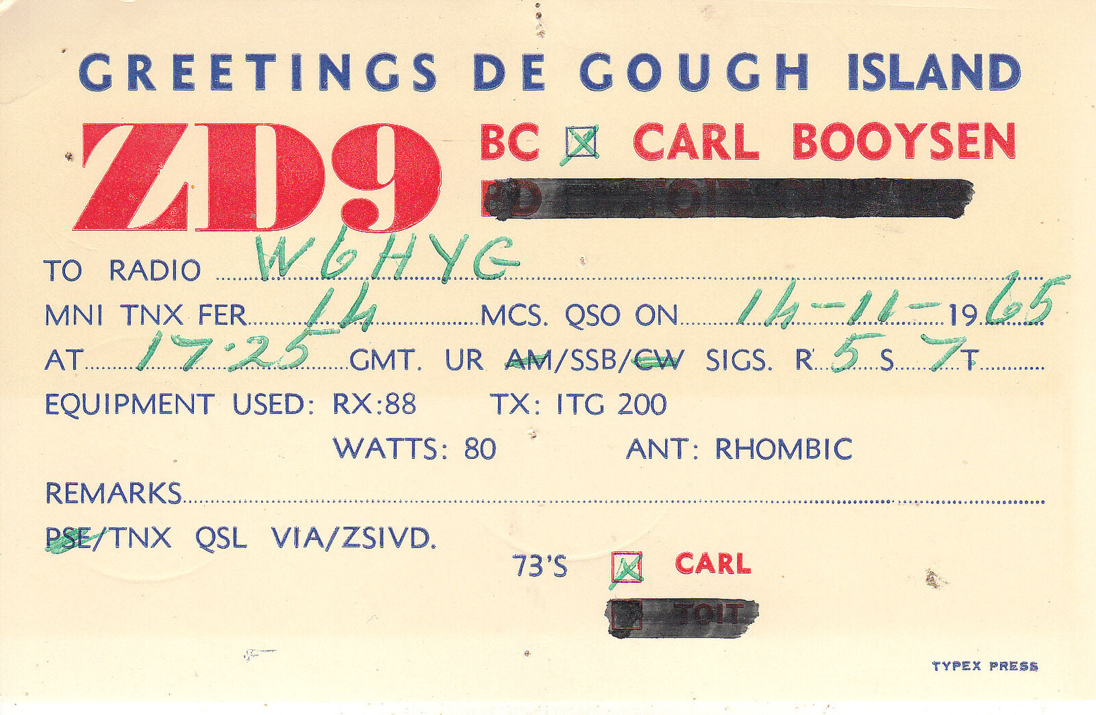 ZD9BC QSL Card Gough Island 1965