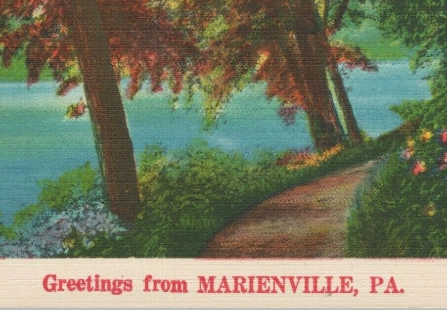 Greetings from Marienville PA Pennsylvania fall country road linen postcard F973