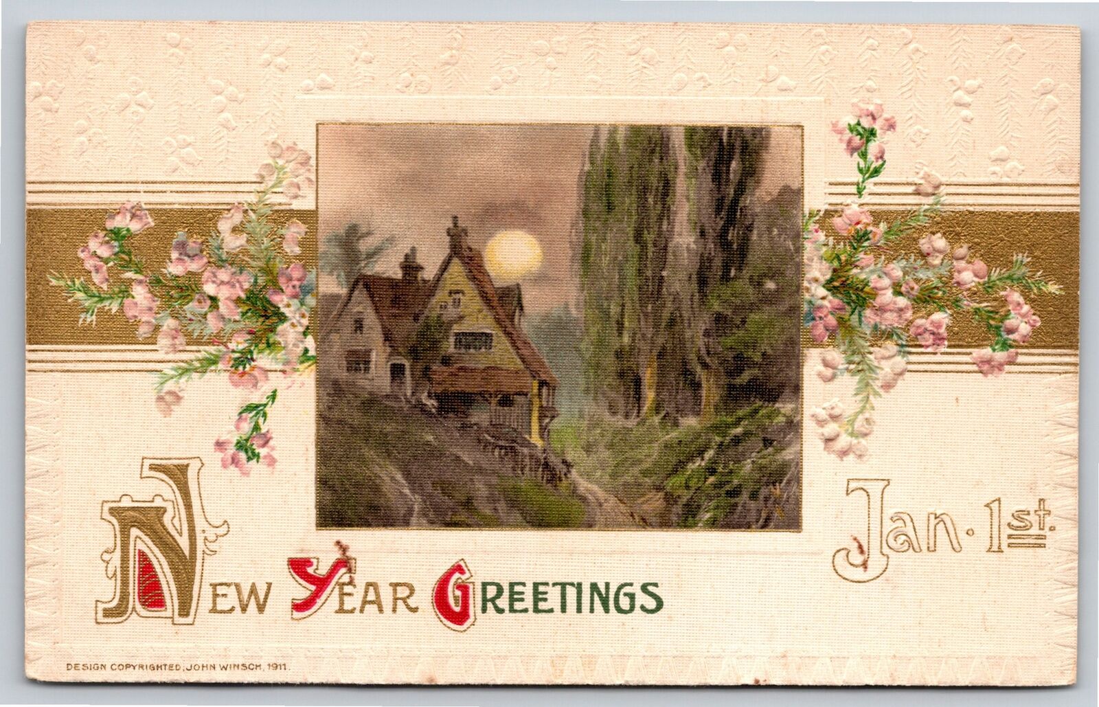 Winsch~New Year Greetings~House In Valley & Full Moon~Embossed~Vintage Postcard