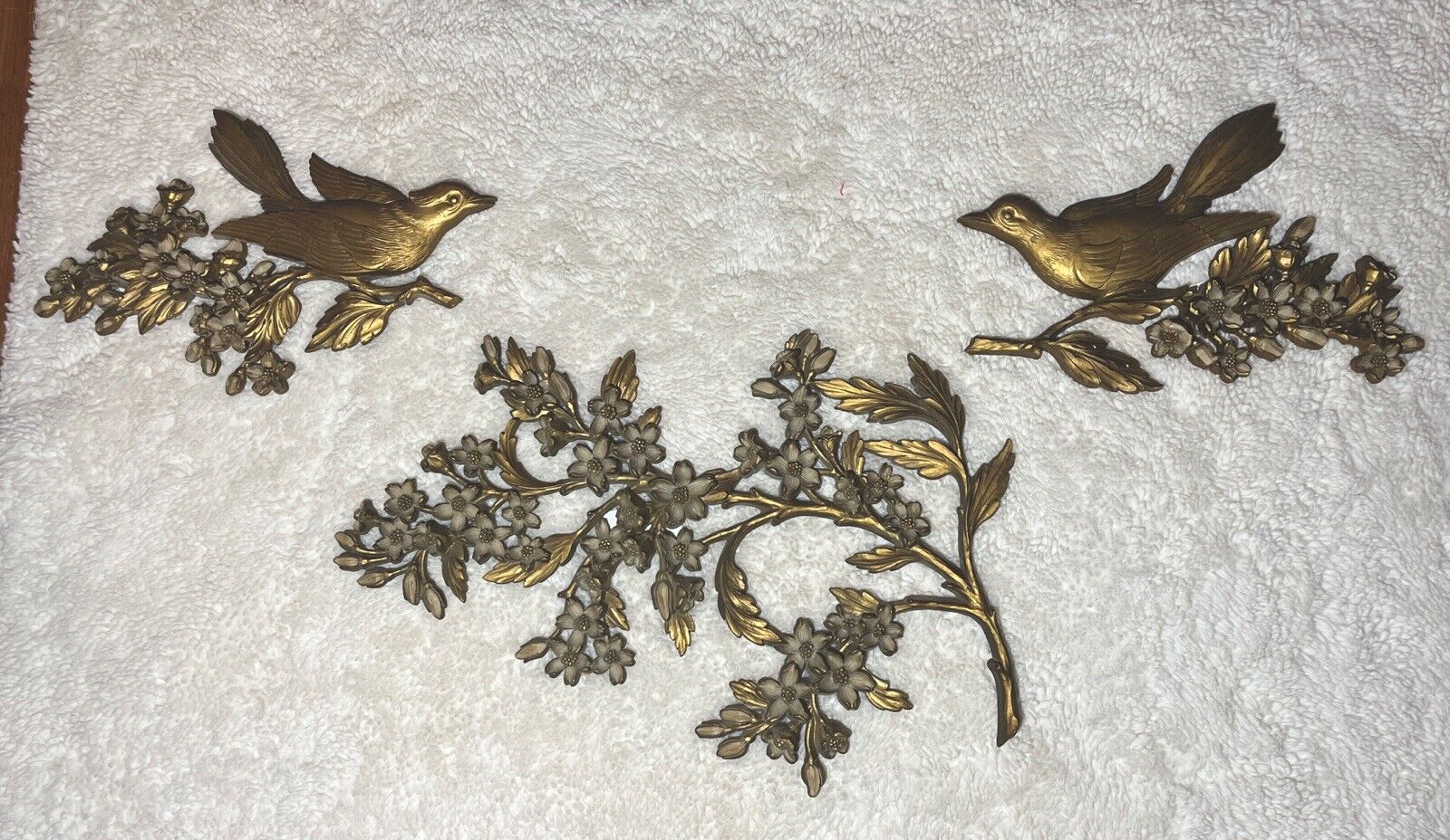 Vintage 3 Piece Wall Art Set Gold Toned Birds On Dogwood Branches MCM Retro USA