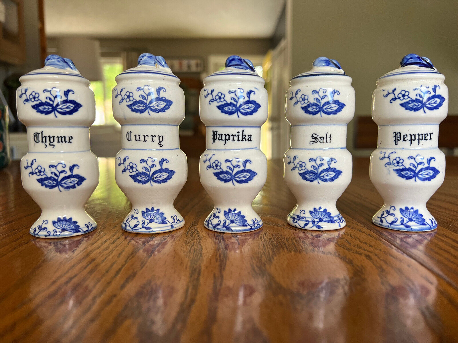 Lot of 5 Vintage 1950\'s Blue & White Blue Onion Spice Jars