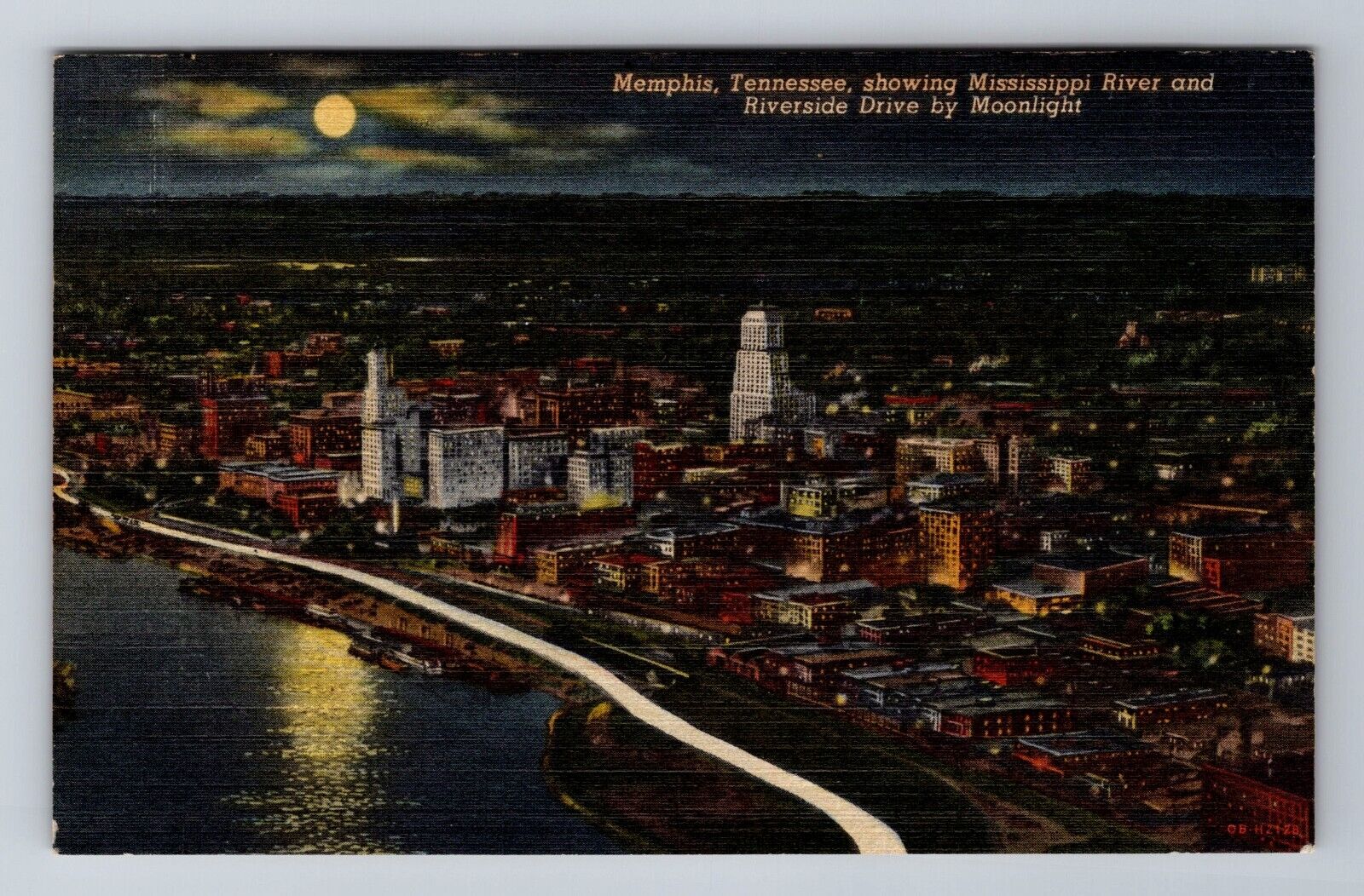 Memphis TN-Tennessee Aerial Night View Riverside Drive c1940 Vintage Postcard