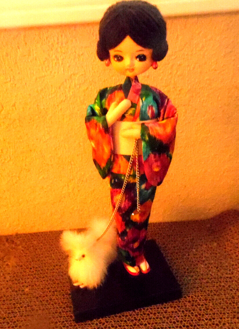 Vintage Oriental Doll On Wood Stand 12” Bradley Type Retro Kimono Doll w/ dog