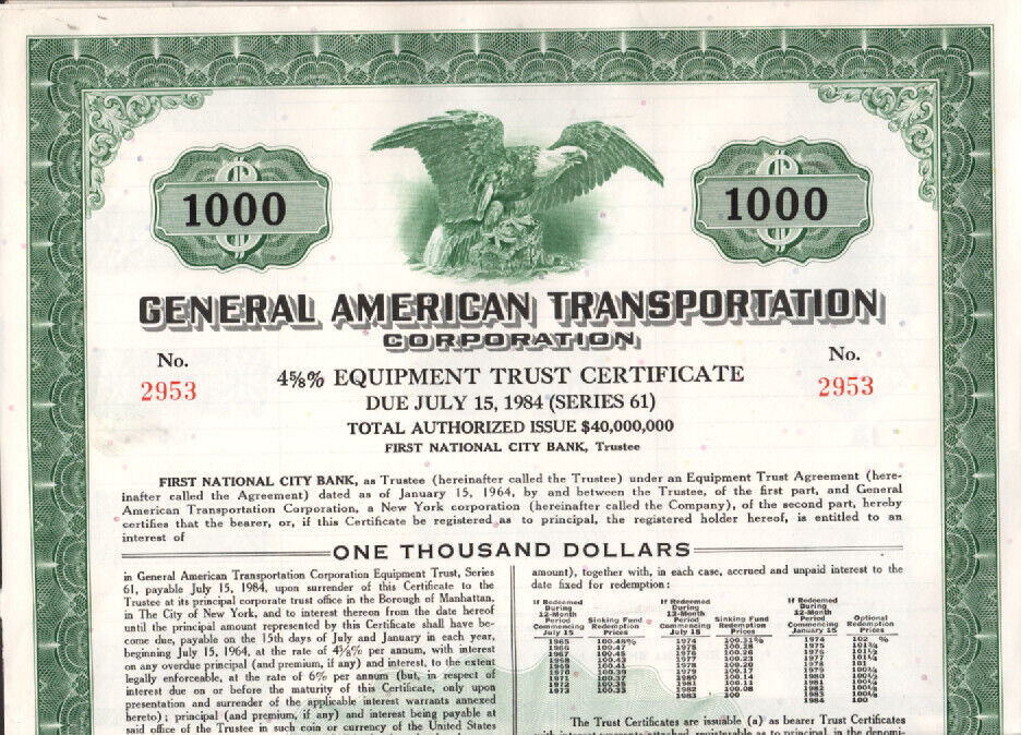 General American Transportation - Original Trust Certificate - 1964 - #2953