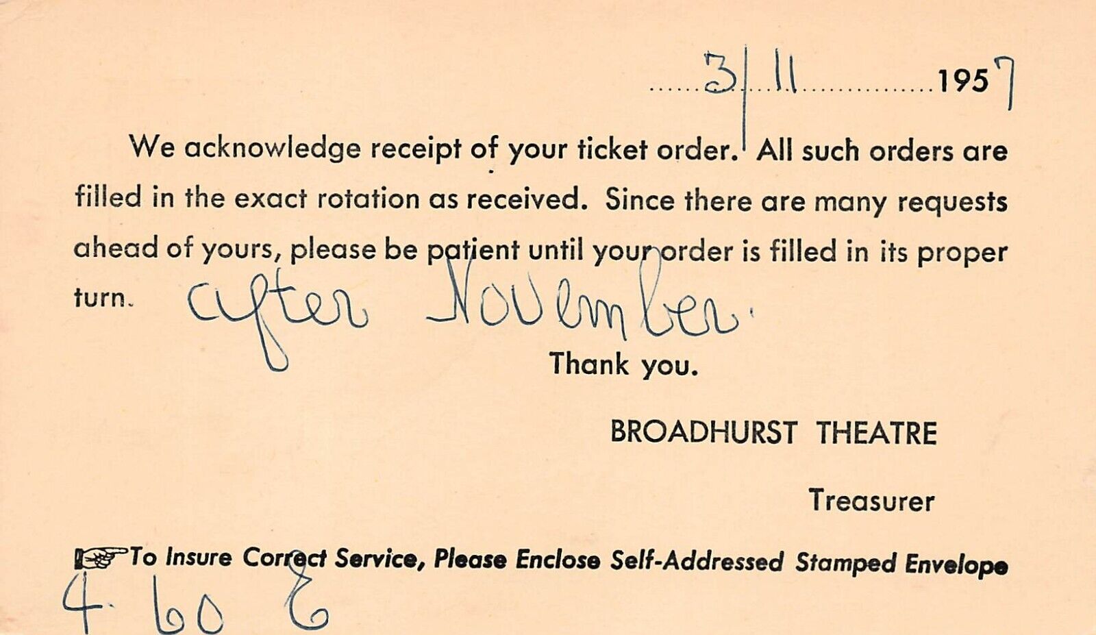 New York City NY Broadway Broadhurst Theatre Ticket Order 1957 Vtg Postcard Y9