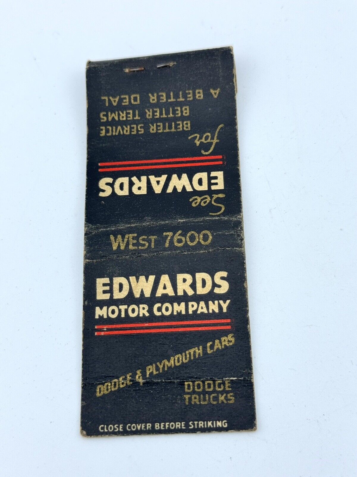 Matchbook Cover EDWARDS MOTORS DODGE PLYMOUTH - Gas Oil Advertizing nascar Ad