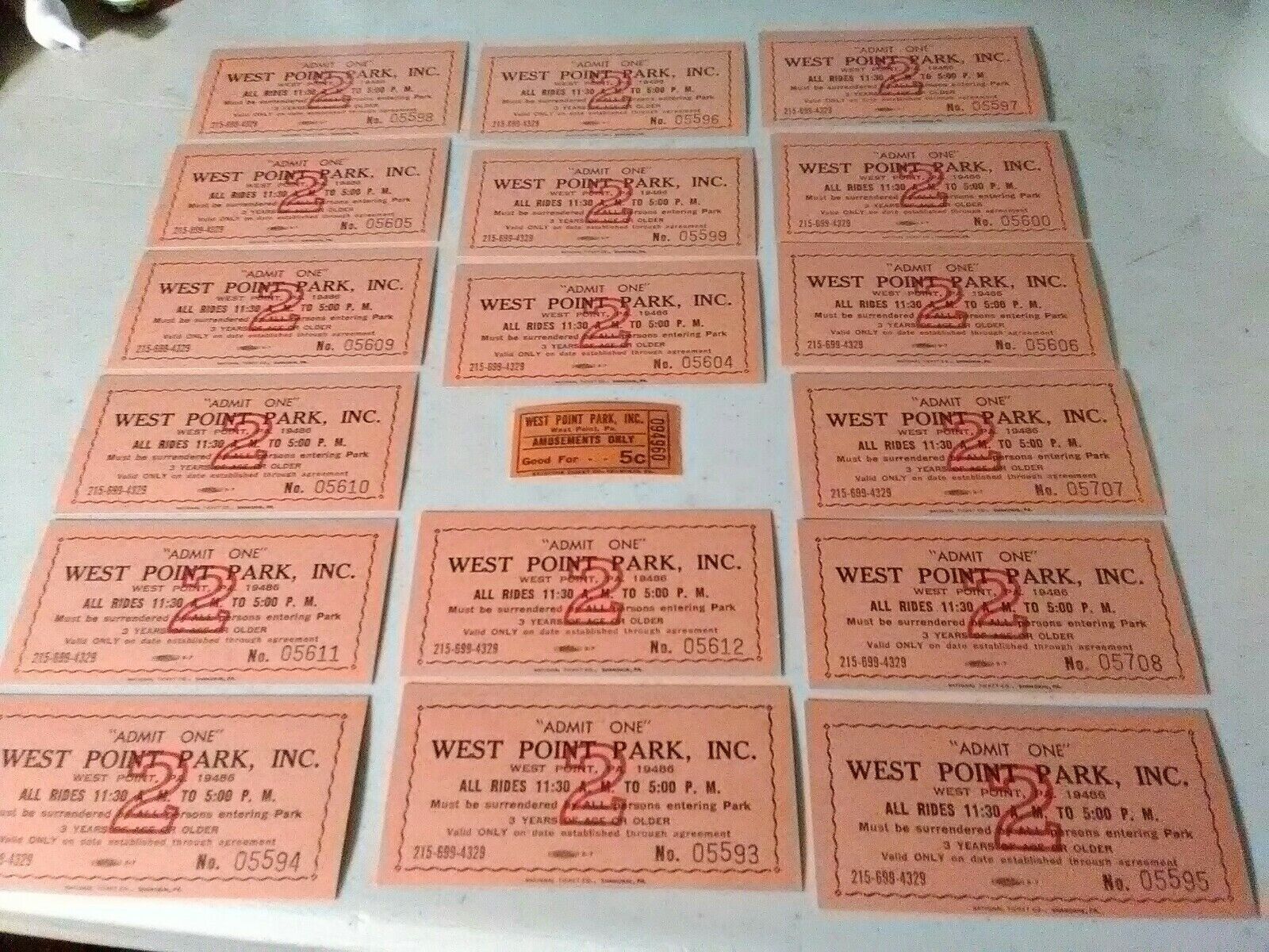 18 Lot Rare Vintage Original West Point Park Inc. PA Tickets Rides Gate Admit