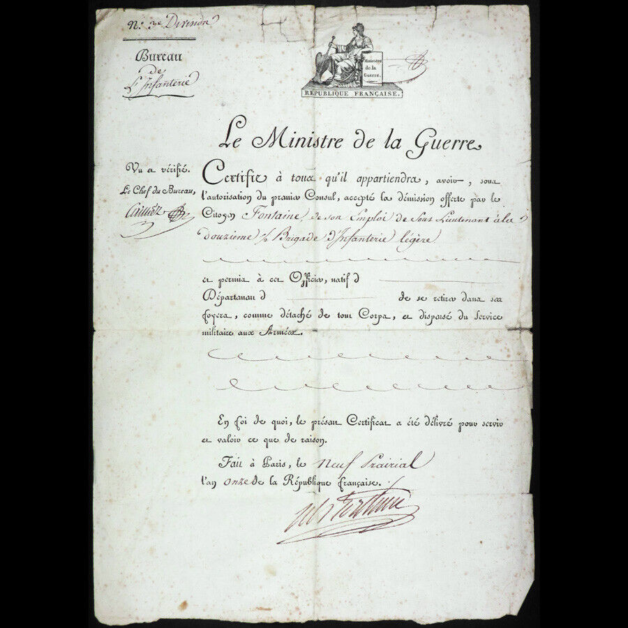 1803 - ALEXANDRE BERTHIER - RESIGNATION OF SS/LIEUTENANT FONTAINE