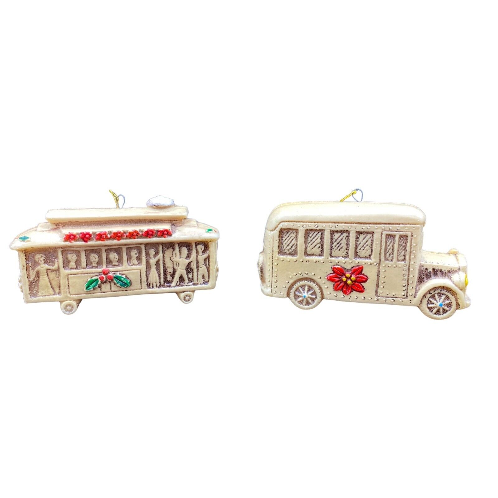 Vintage Rubber Bus & Trolly Car Christmas Ornament Japan