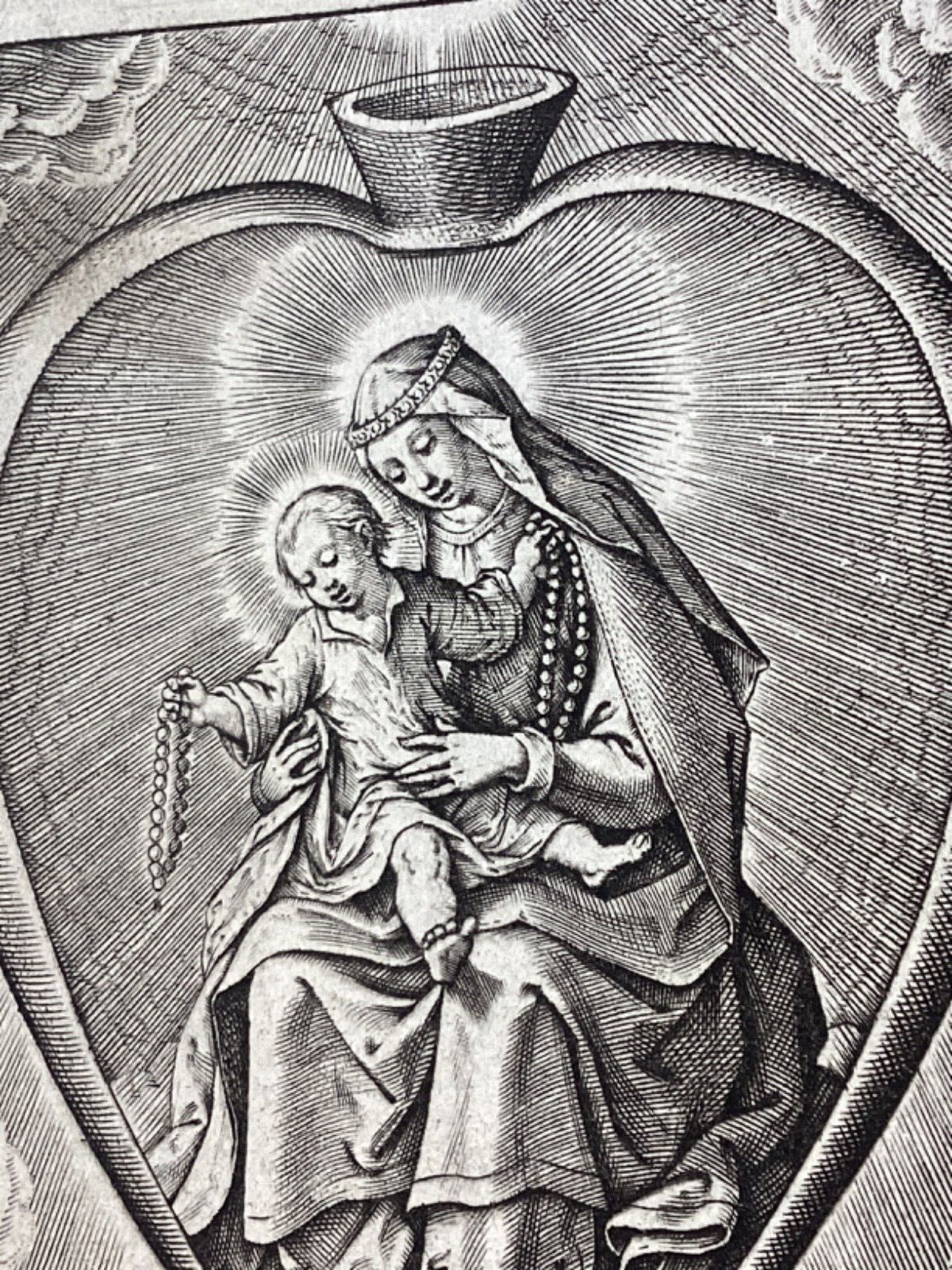 Antique Engraving Religious Print c. 1600 Wierix Sacred Heart Christ Virgin