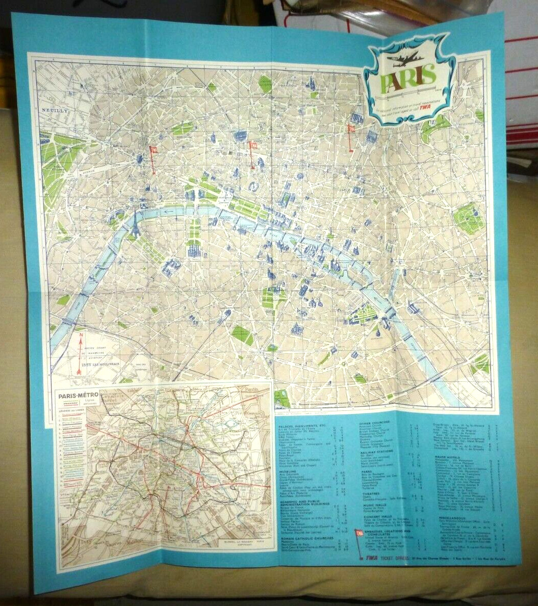 VINTAGE TWA MAP OF PARIS WITH TWA OFFICE LOCATIONS + PARIS SUBWAY FRANCE 1950\'s