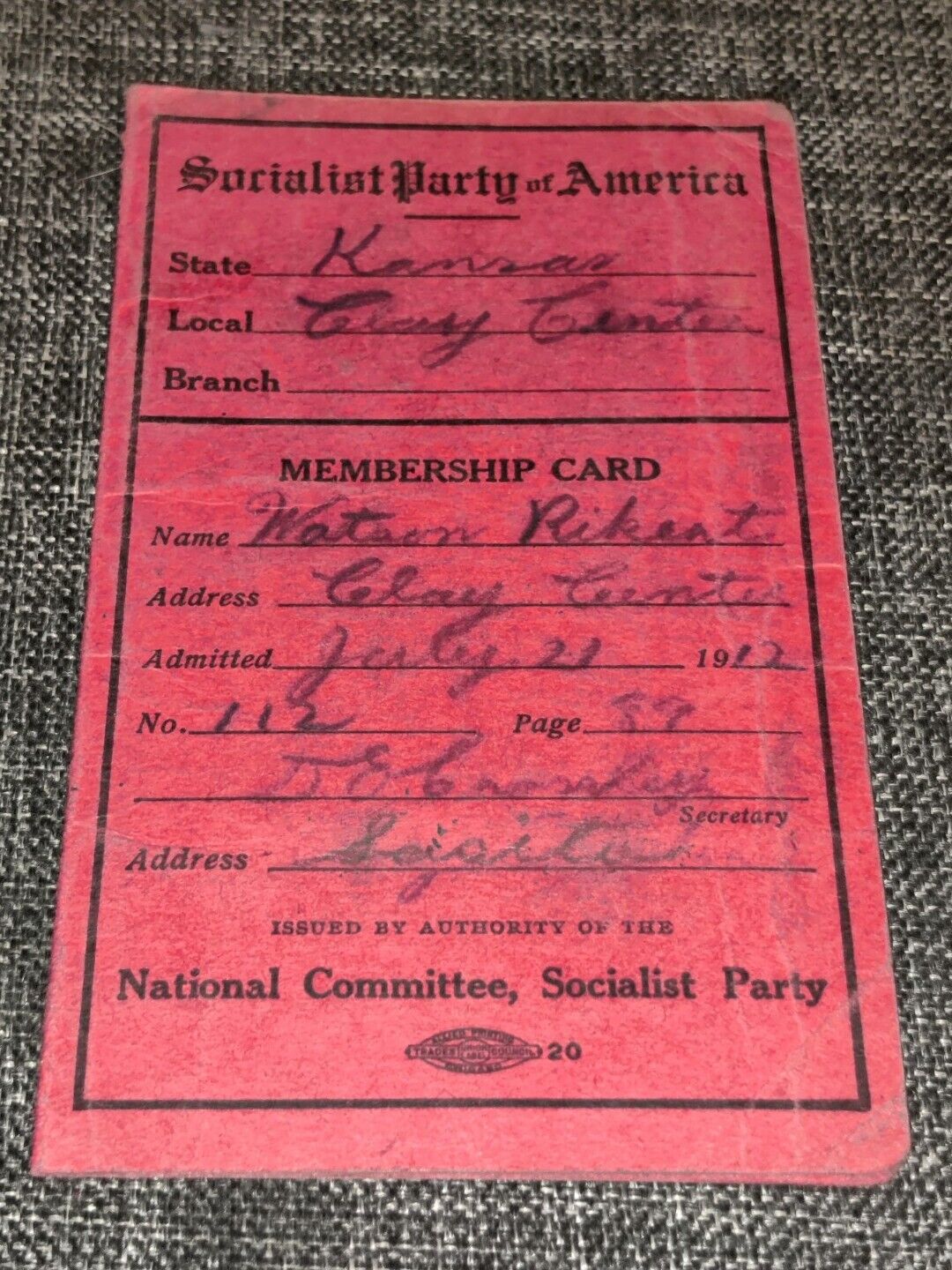 RARE 1912 Socialist Party Of America Membership Card & Stamps Clay Center Kansas