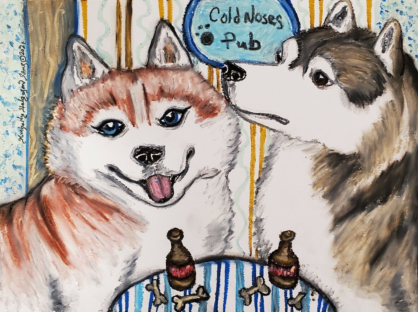 Husky at the Pub Dog Art Print Signed by Artist KSams Painting 13x19 Siberian