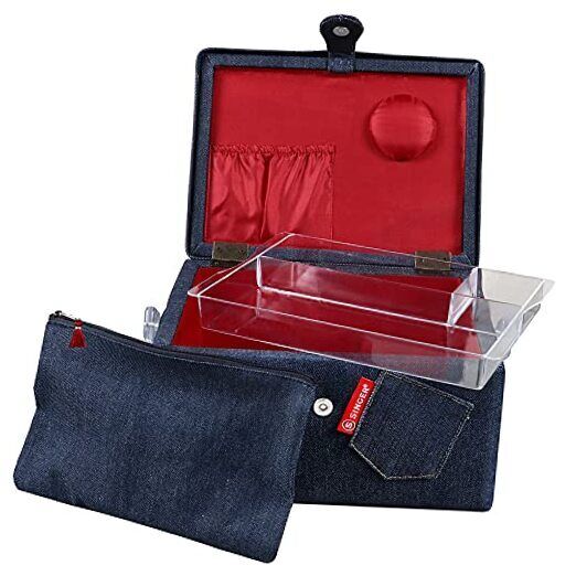 SINGER Large Sewing Basket with Matching Zipper Pouch Denim