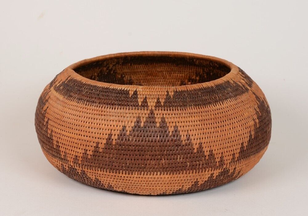 Antique Pomo Indian Basket with Mountain Motif