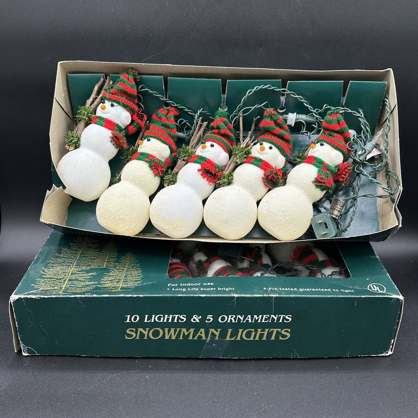 Vintage Holiday Highlights Christmas Tree Set Snowman Styrofoam 5 Lights String