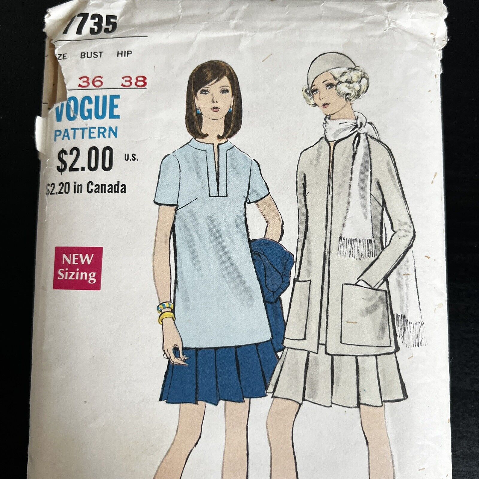 Vintage 1960s Vogue 7735 Pleated Skirt Suit + Blouse Sewing Pattern 14 Small CUT