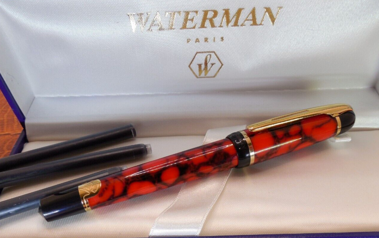 WATERMAN PHILEAS FOUNTAIN PEN  RED MARBLED/GOLD--USED-- IN BOX  LOT 158
