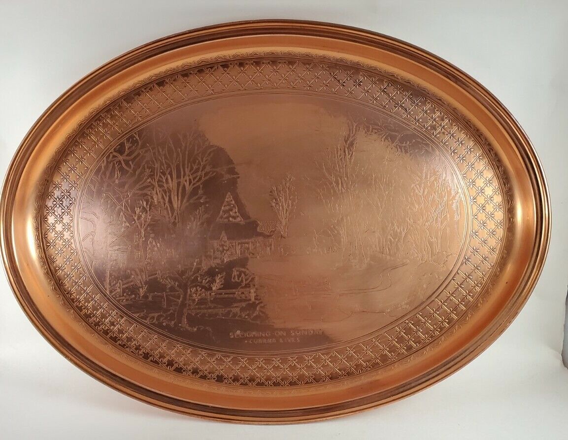 Large Coppercraft Guild Solid Copper Serving Tray Currier & Ives