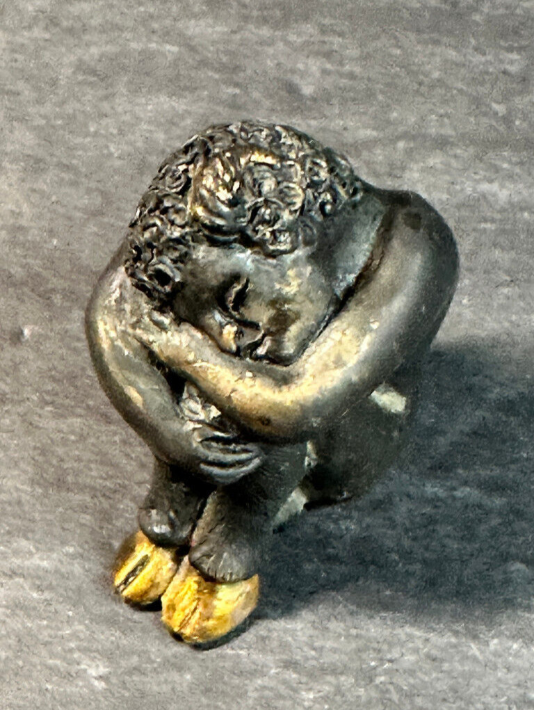 VTG Small Bronze Figurine Satyr w/Gold Hooves Crouched w/Head in Hands 1.5\