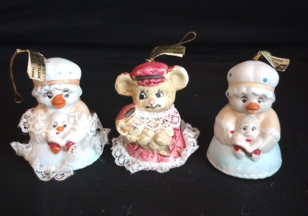 Lot of 3 Vintage JASCO CARING CRITTER CHIMERS Bisque Porcelain Bell Ornaments