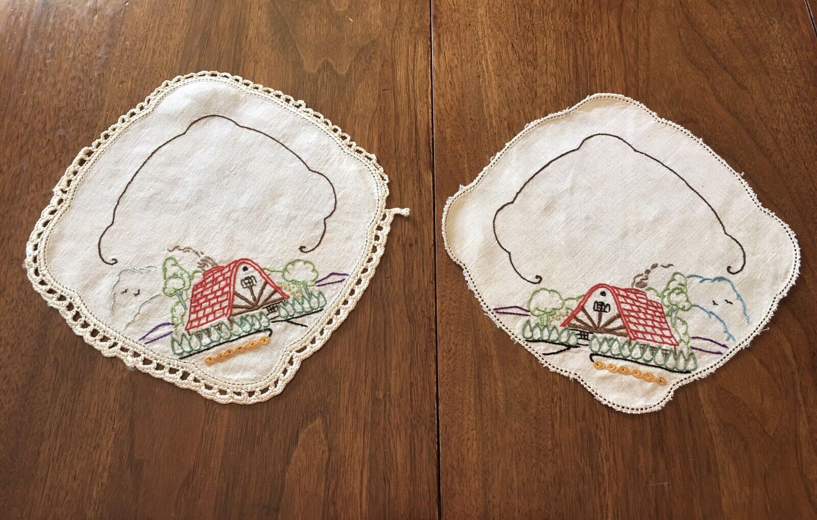Two Linen Embroidered Doilies with Country Cottage 1940-1950s