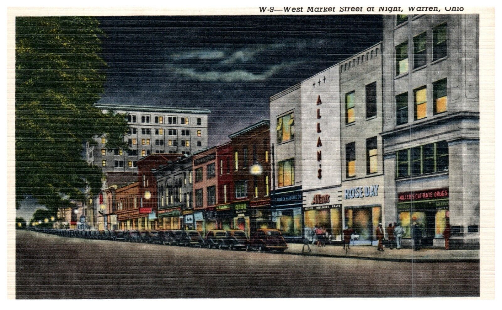 Vintage Postcard 1941 Warren Ohio West Market Street at Night Drug Store-H2-56