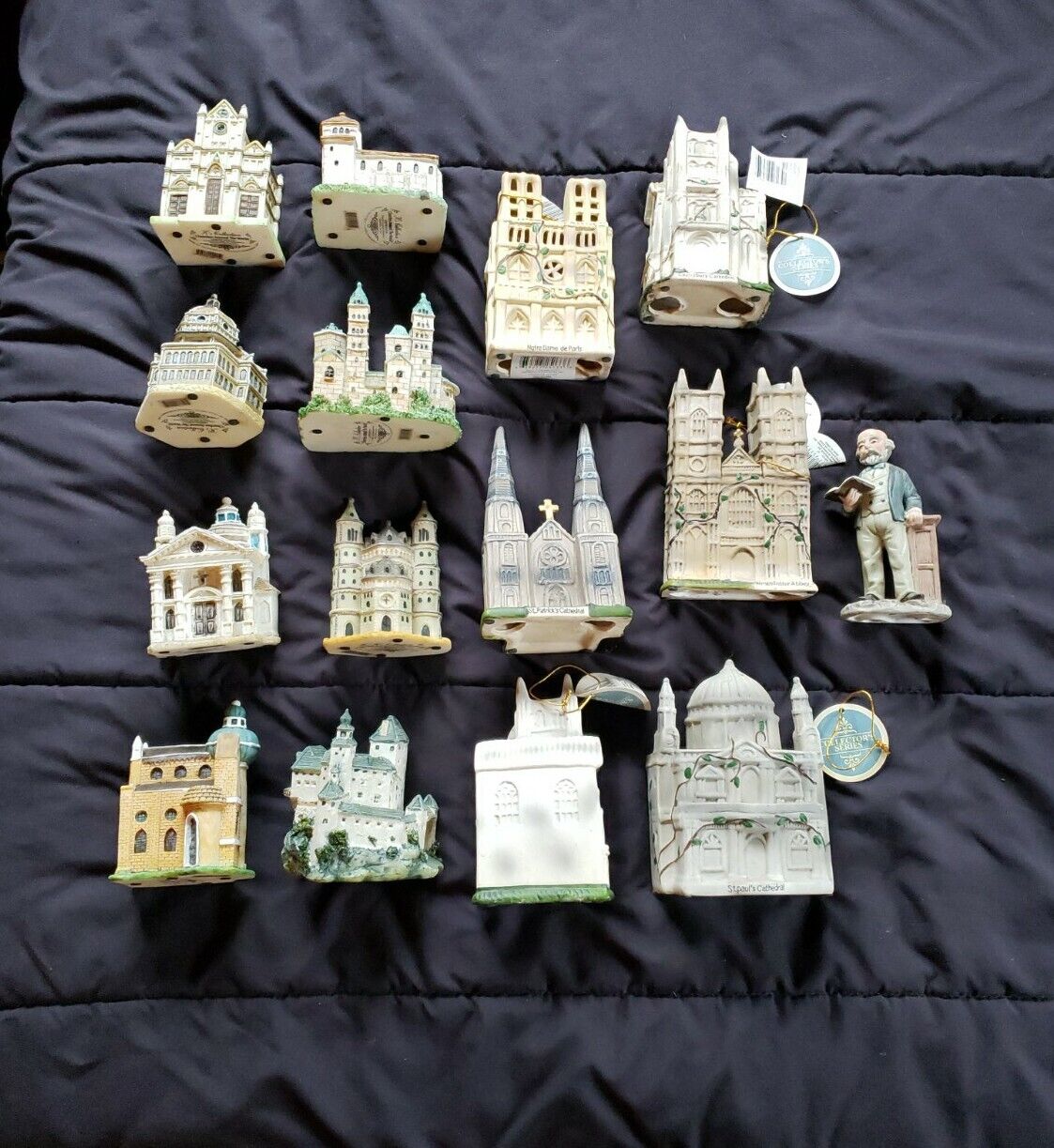 Lot of 14 Minature Churches From Around The World And One Preacher Figurine