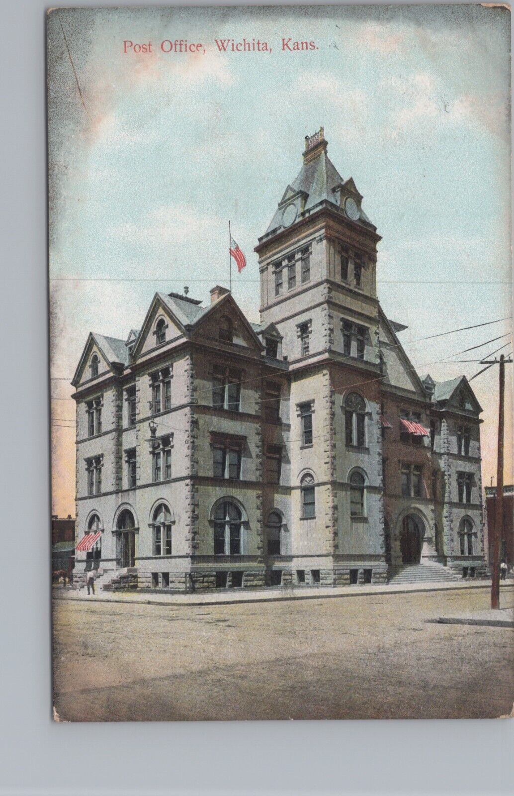 Post Office Wichita Kansas KS US Flags Man c1910s Postcard 7755d3