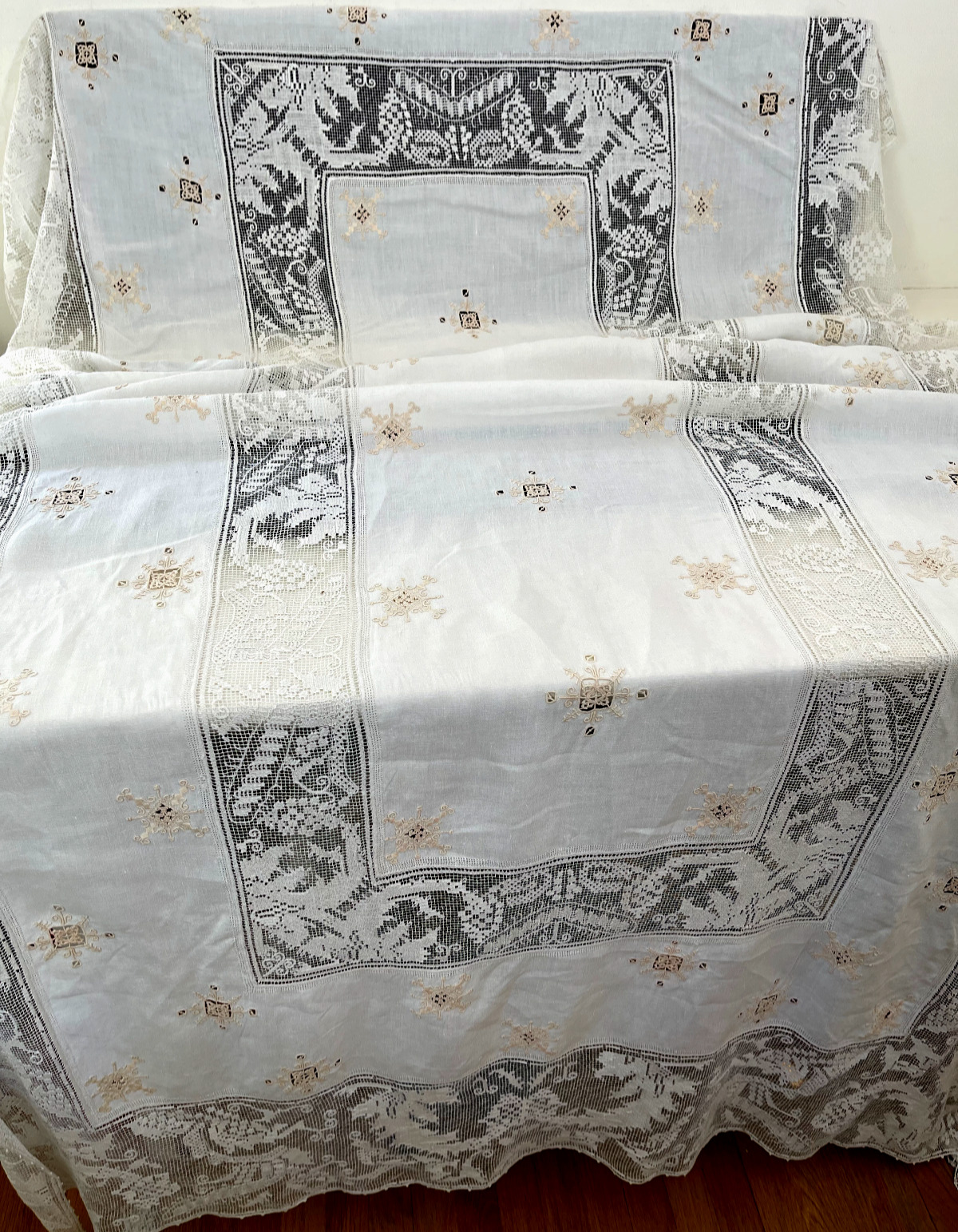 Antique Linen Banquet Tablecloth - Embroidery, Drawn Thread Lace & Tassels YY604