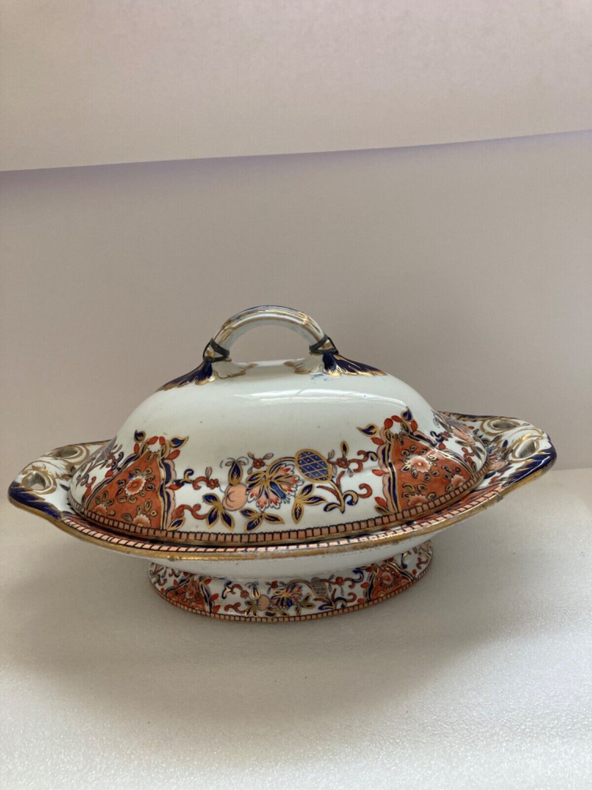 Antique Davenport Imari Porcelain Covered Entree Oval Serving Dish AS IS