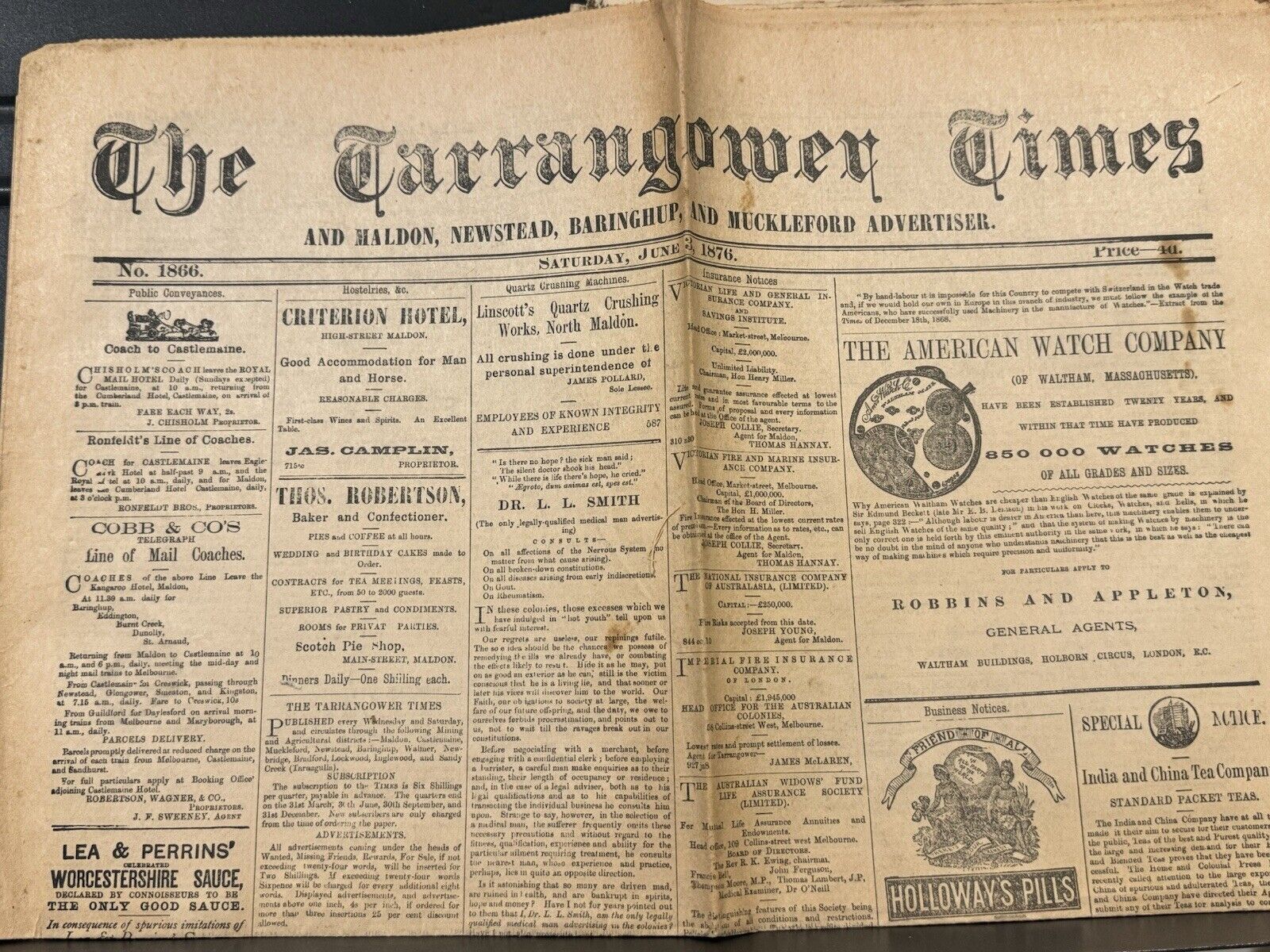 The Tarrangower Times 1876 Rare Australian Newspaper Saturday June 3