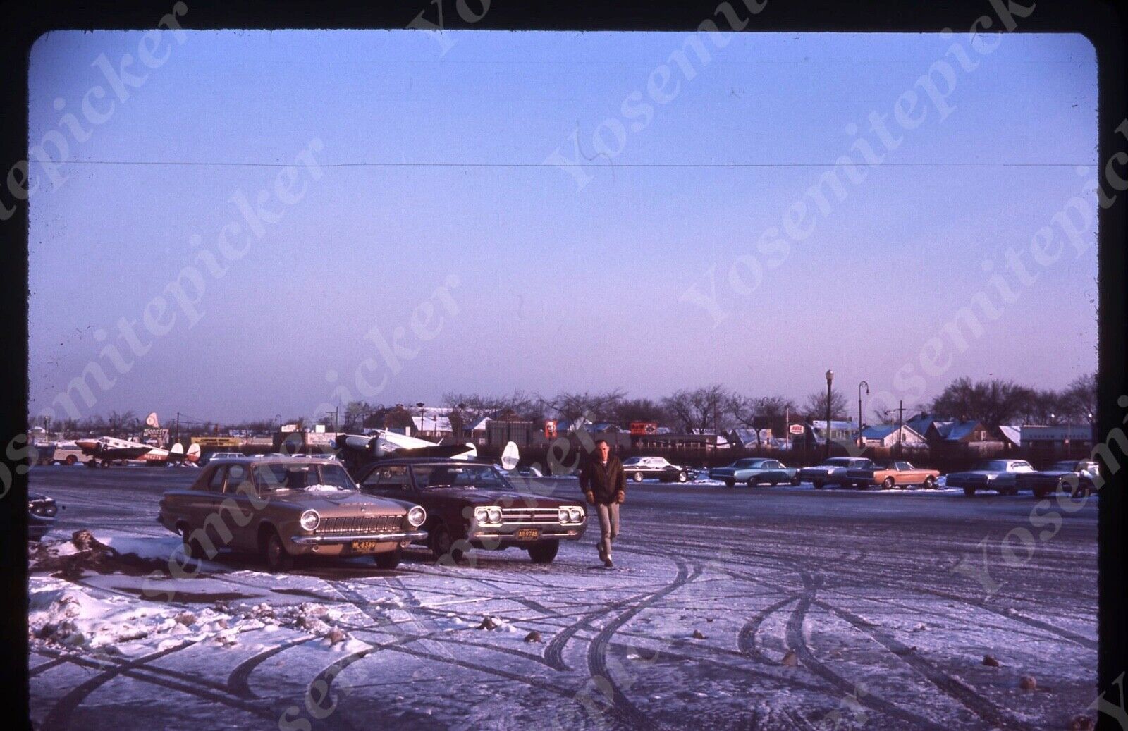 sl88 Original slide 1967 airport tarmac airplanes cars snow 548a