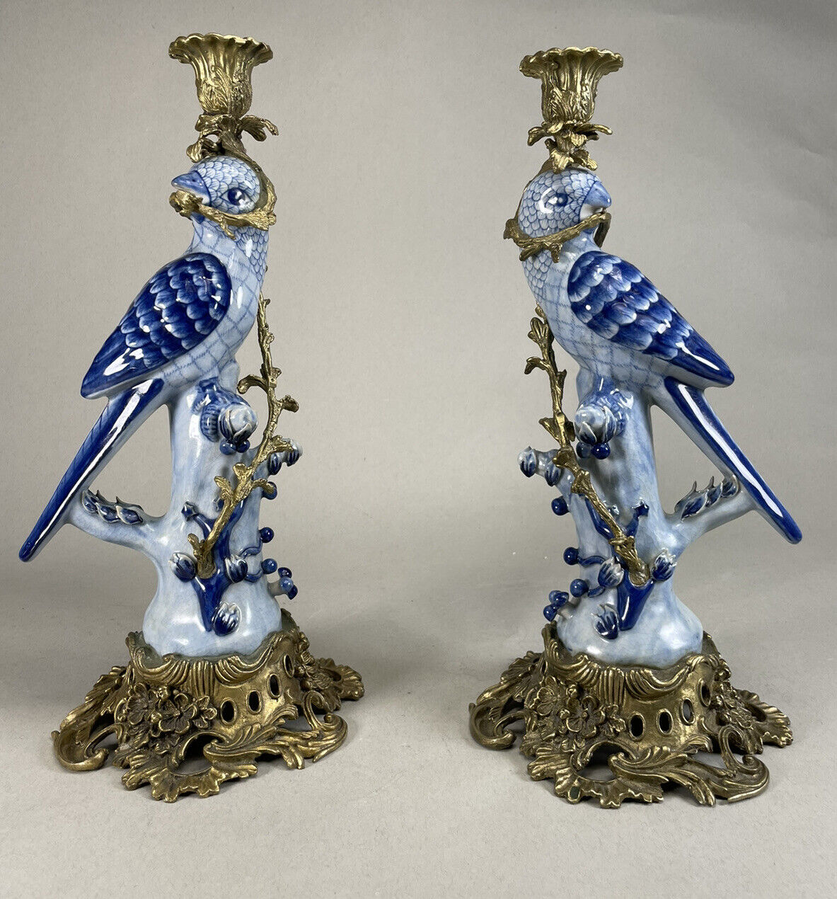 STUNNING Pair Of Chinese Blue Birds Brass Candle Holders
