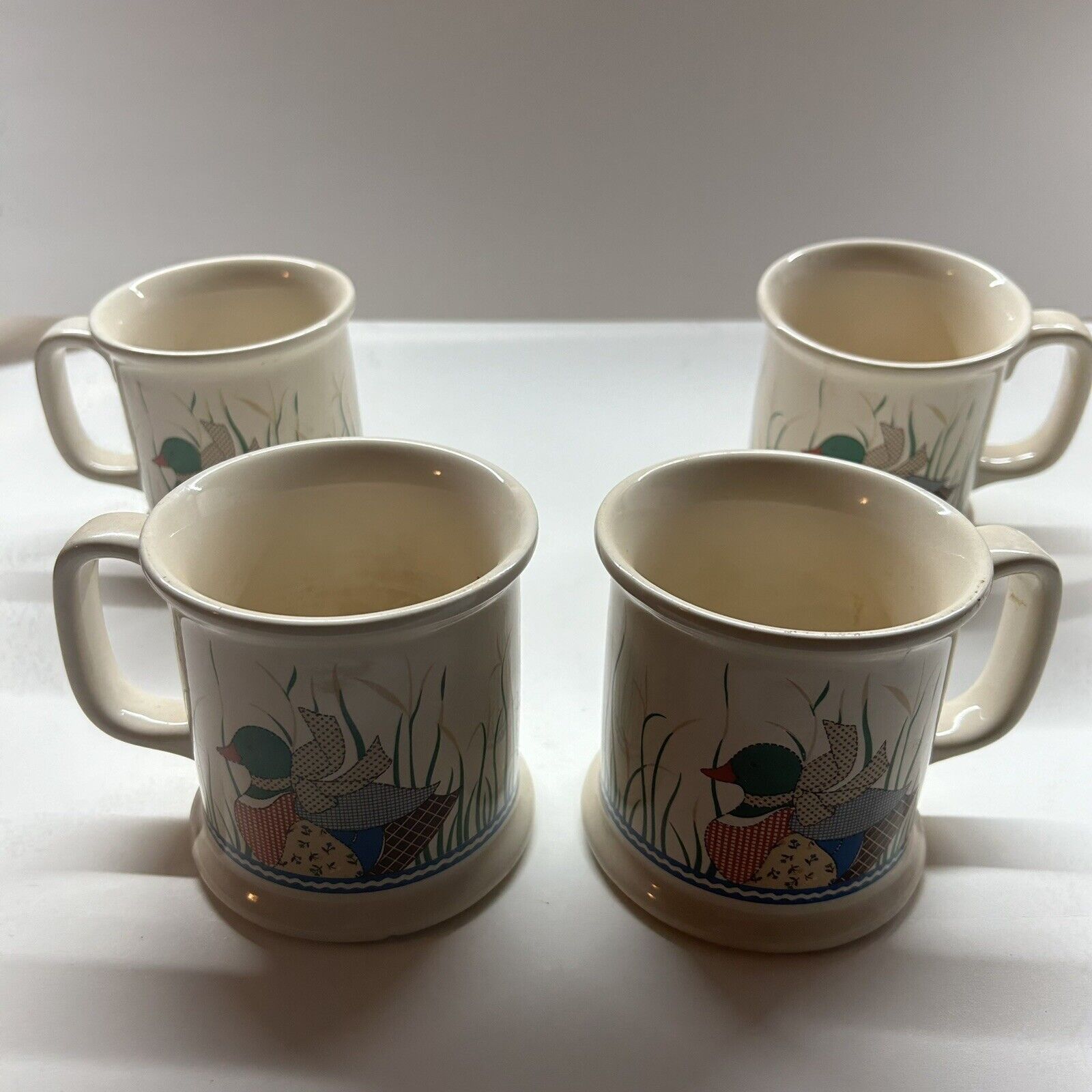 Vintage set of 4 1985 Signed Duck Mallard Patchwork Quilt Coffee Mugs